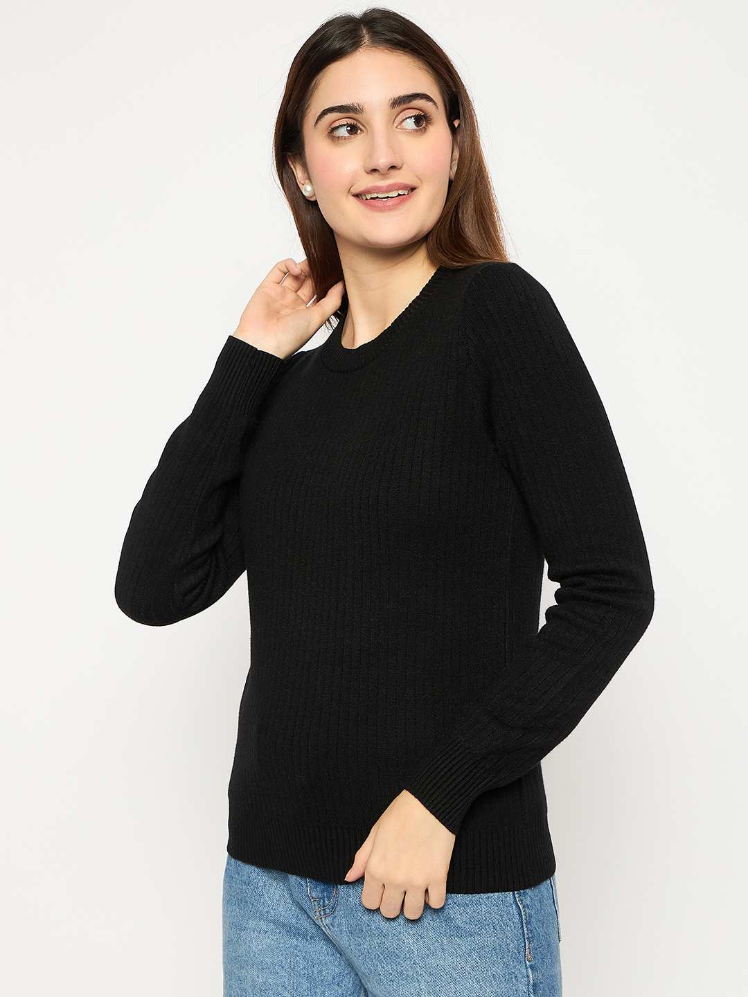 Madame Ribbed Cuffs Round Neck Black Sweater - Image 5