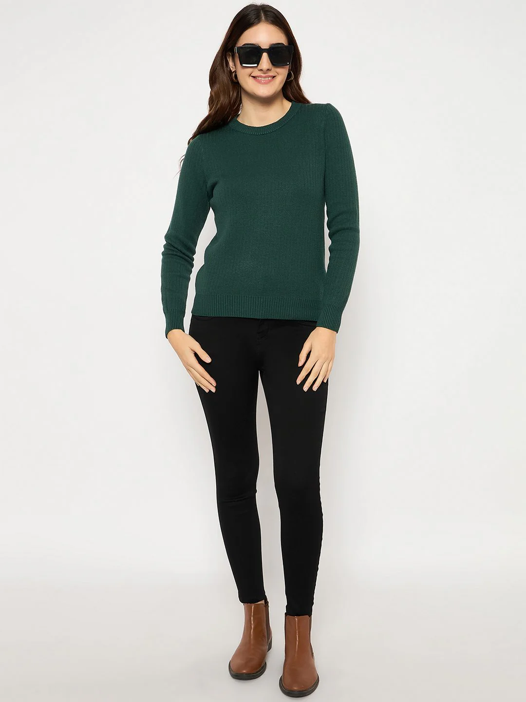 Madame Ribbed Cuffs Round Neck Bottle Green Sweater - Image 2