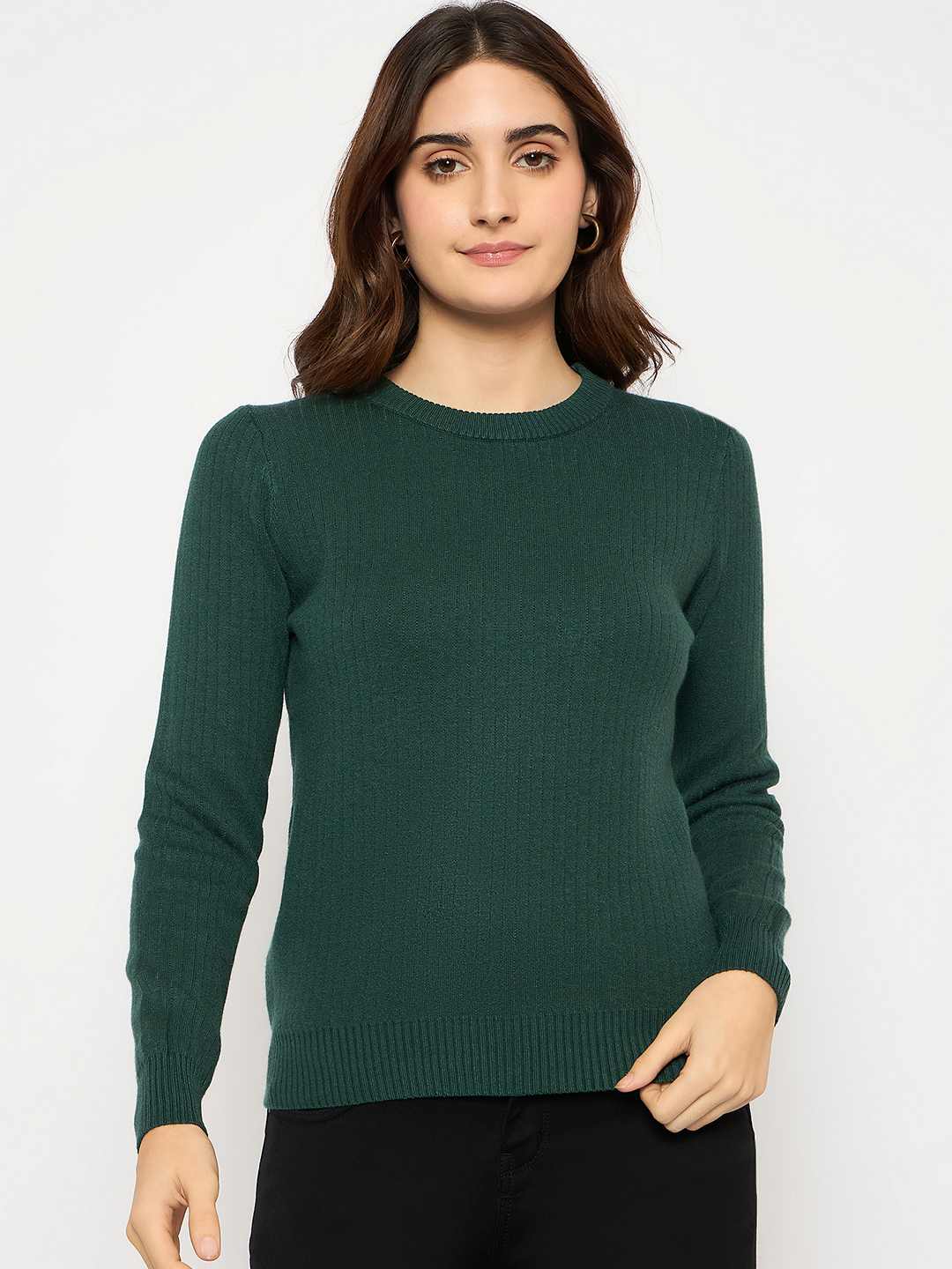 Madame Ribbed Cuffs Round Neck Bottle Green Sweater - Image 3