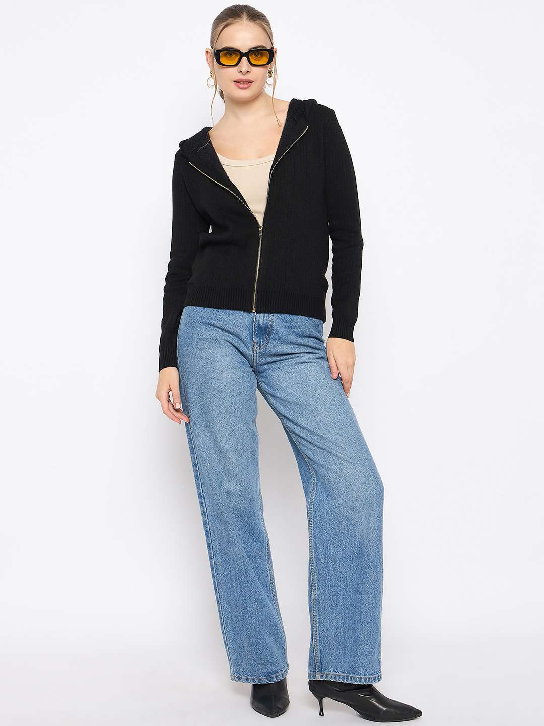 Madame Zip Solid Black Hooded Sweater - Image 2