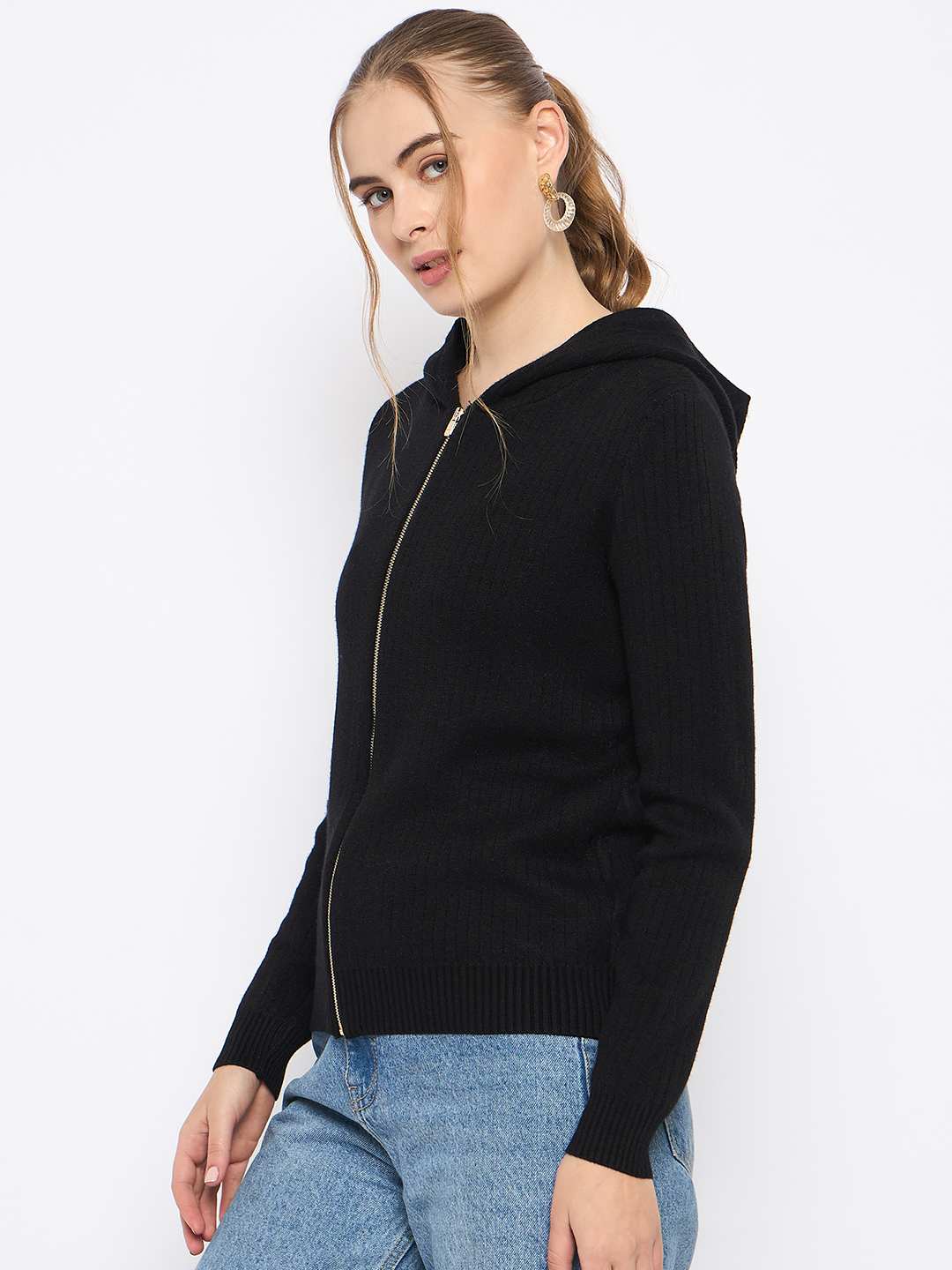 Madame Zip Solid Black Hooded Sweater - Image 5