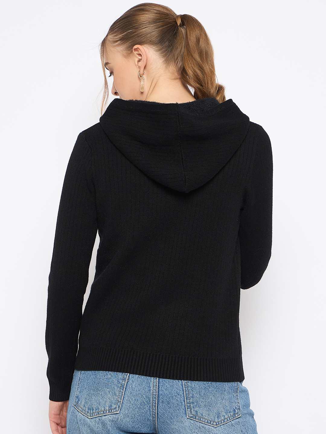 Madame Zip Solid Black Hooded Sweater - Image 6