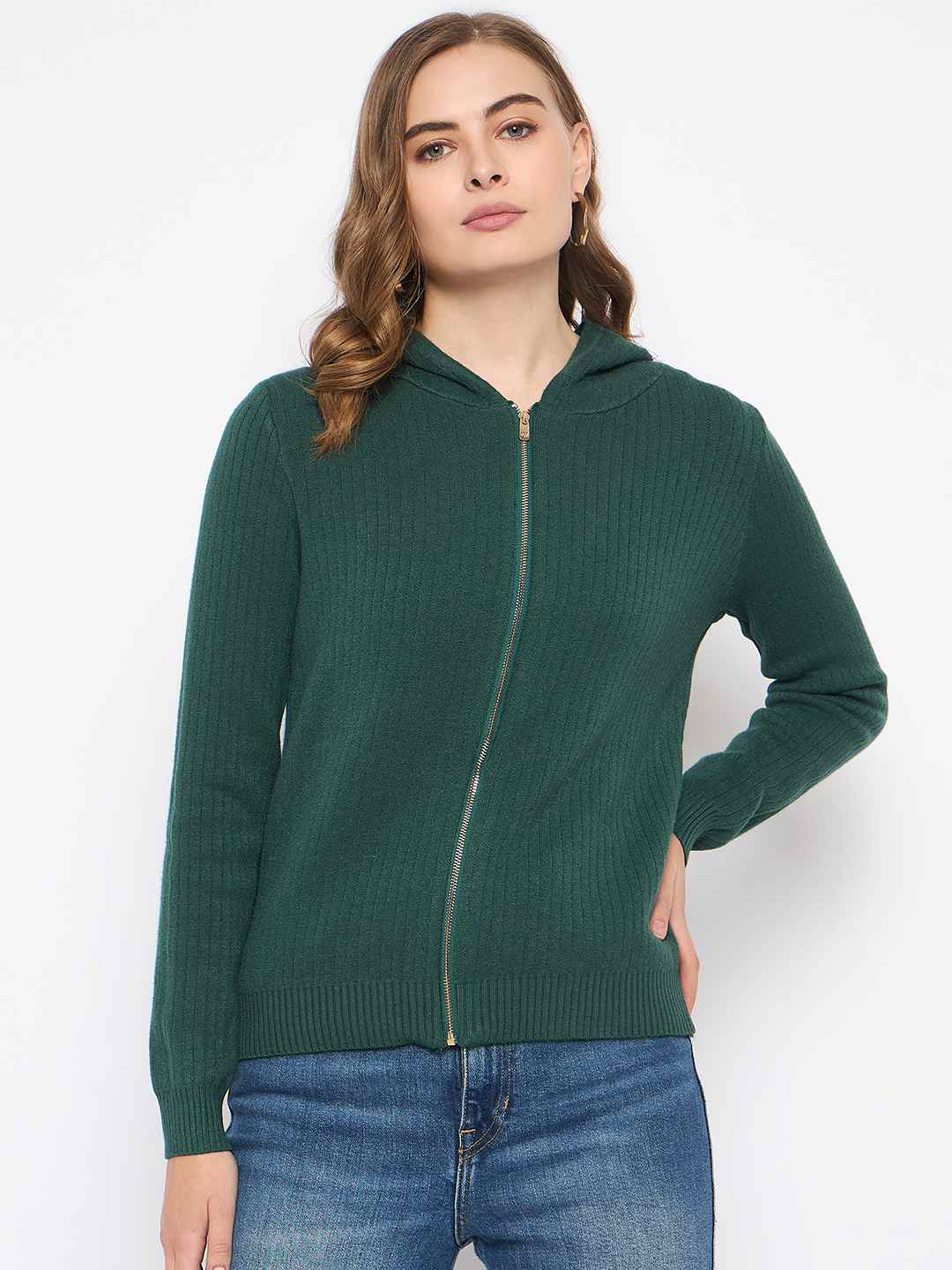 Madame Zip Solid Green Hooded Sweater - Image 3