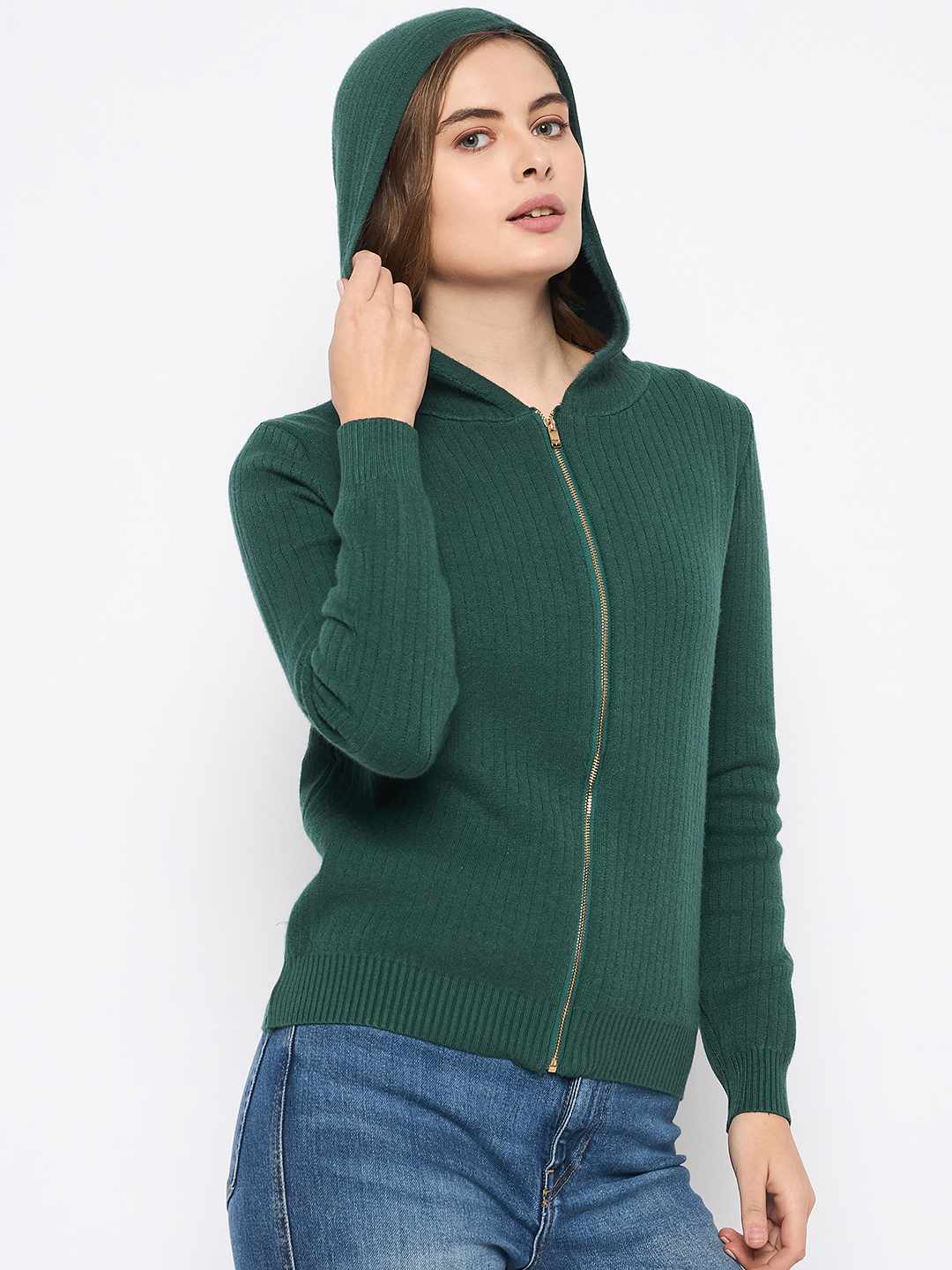 Madame Zip Solid Green Hooded Sweater - Image 4