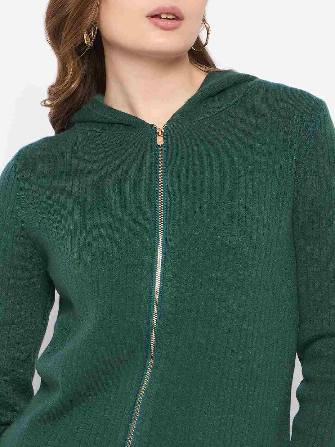 Madame Zip Solid Green Hooded Sweater - Image 7