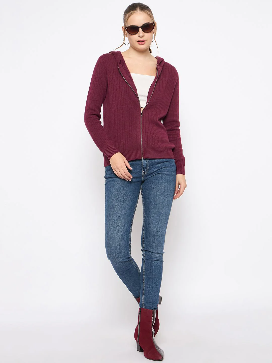 Madame Zip Solid Wine Red Hooded Sweater - Image 2