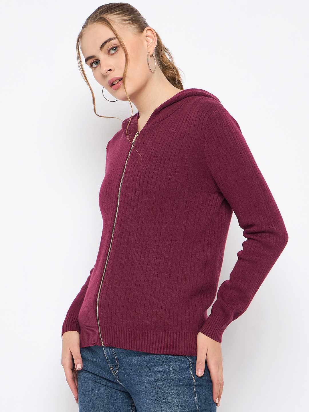 Madame Zip Solid Wine Red Hooded Sweater - Image 5