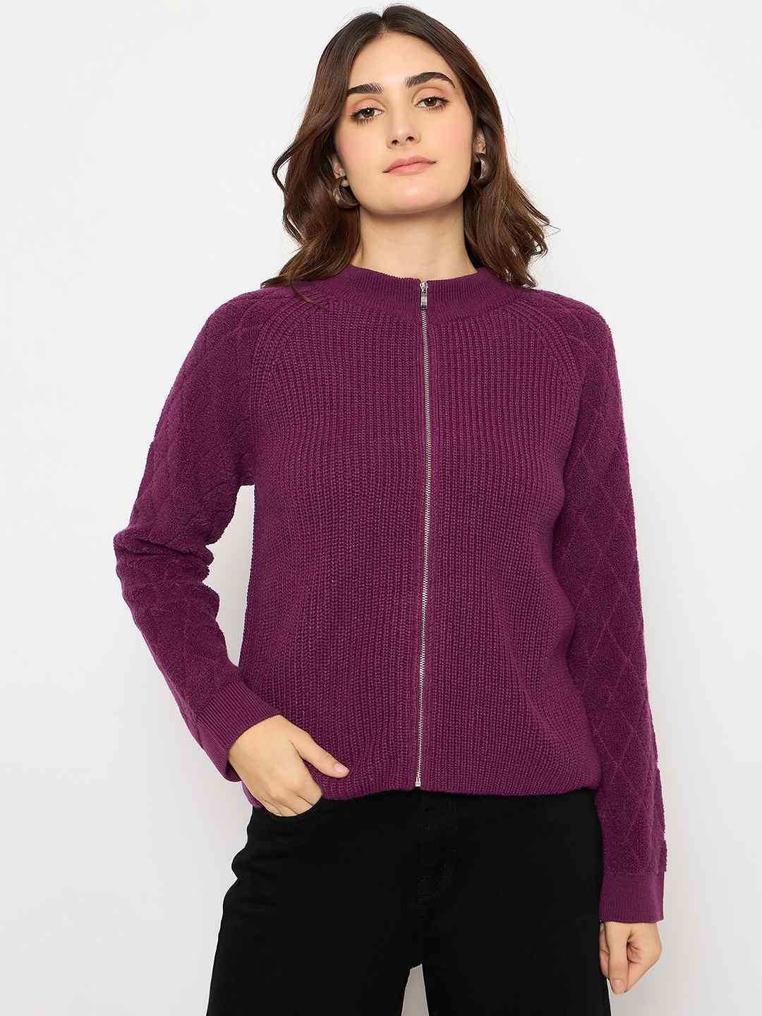Madame Self Design Zipped Purple Sweater - Image 3