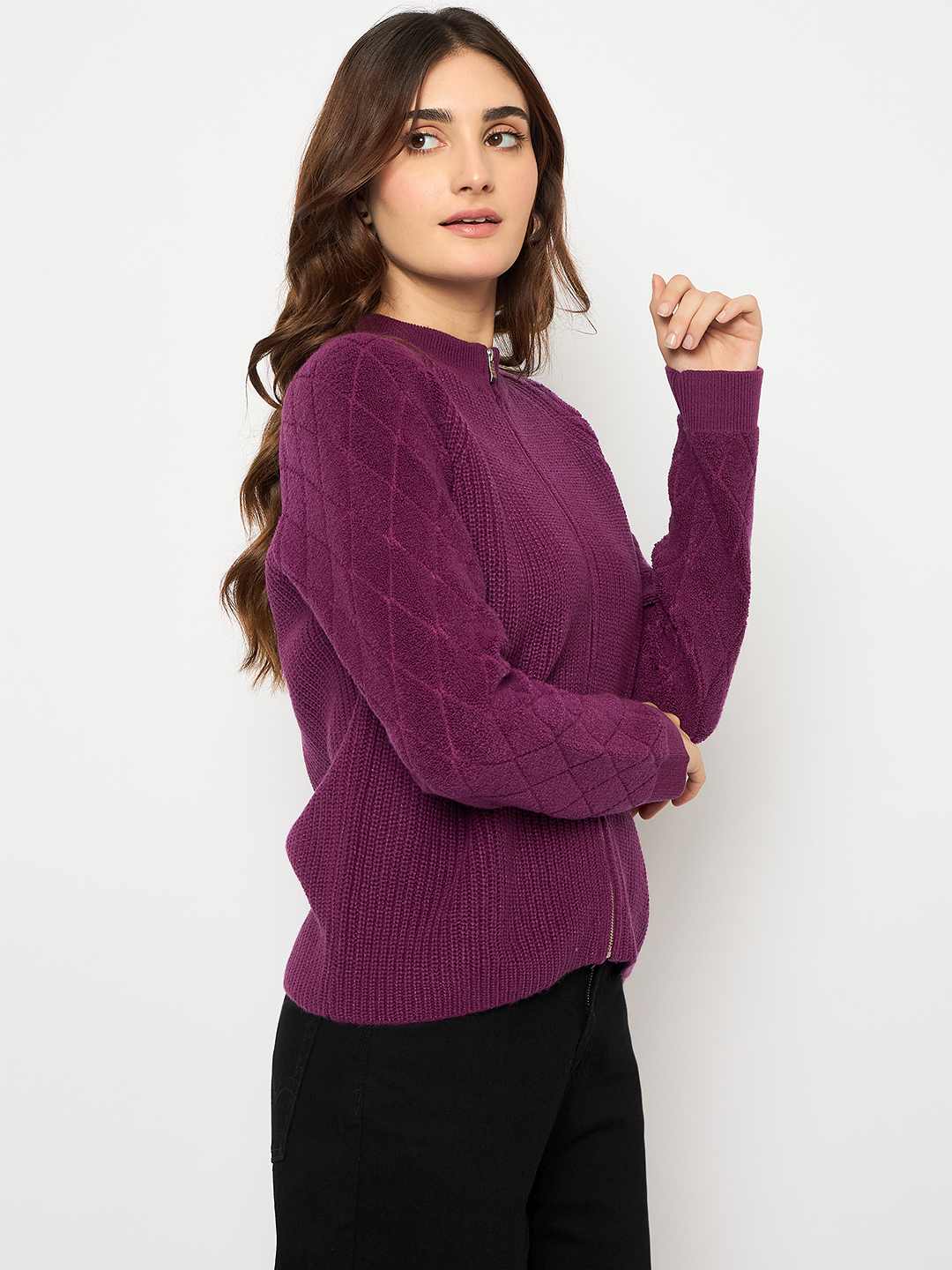Madame Self Design Zipped Purple Sweater - Image 4