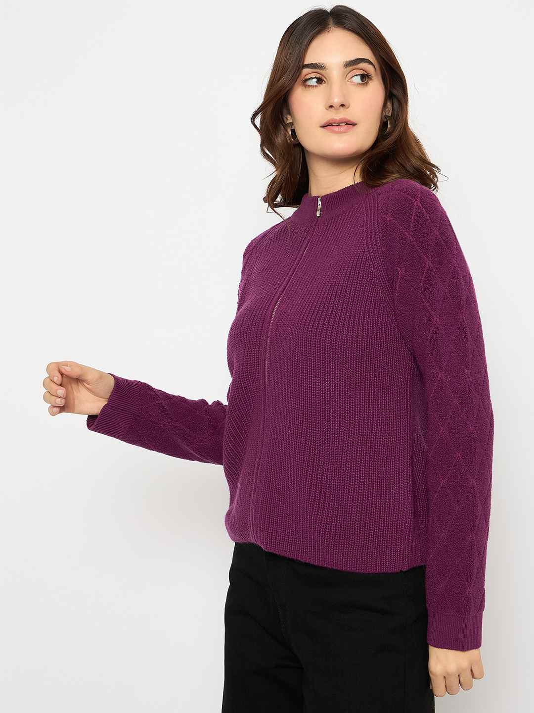 Madame Self Design Zipped Purple Sweater - Image 5