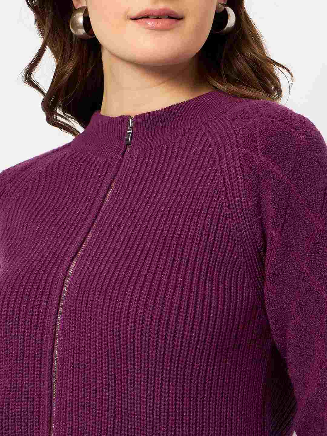 Madame Self Design Zipped Purple Sweater - Image 7