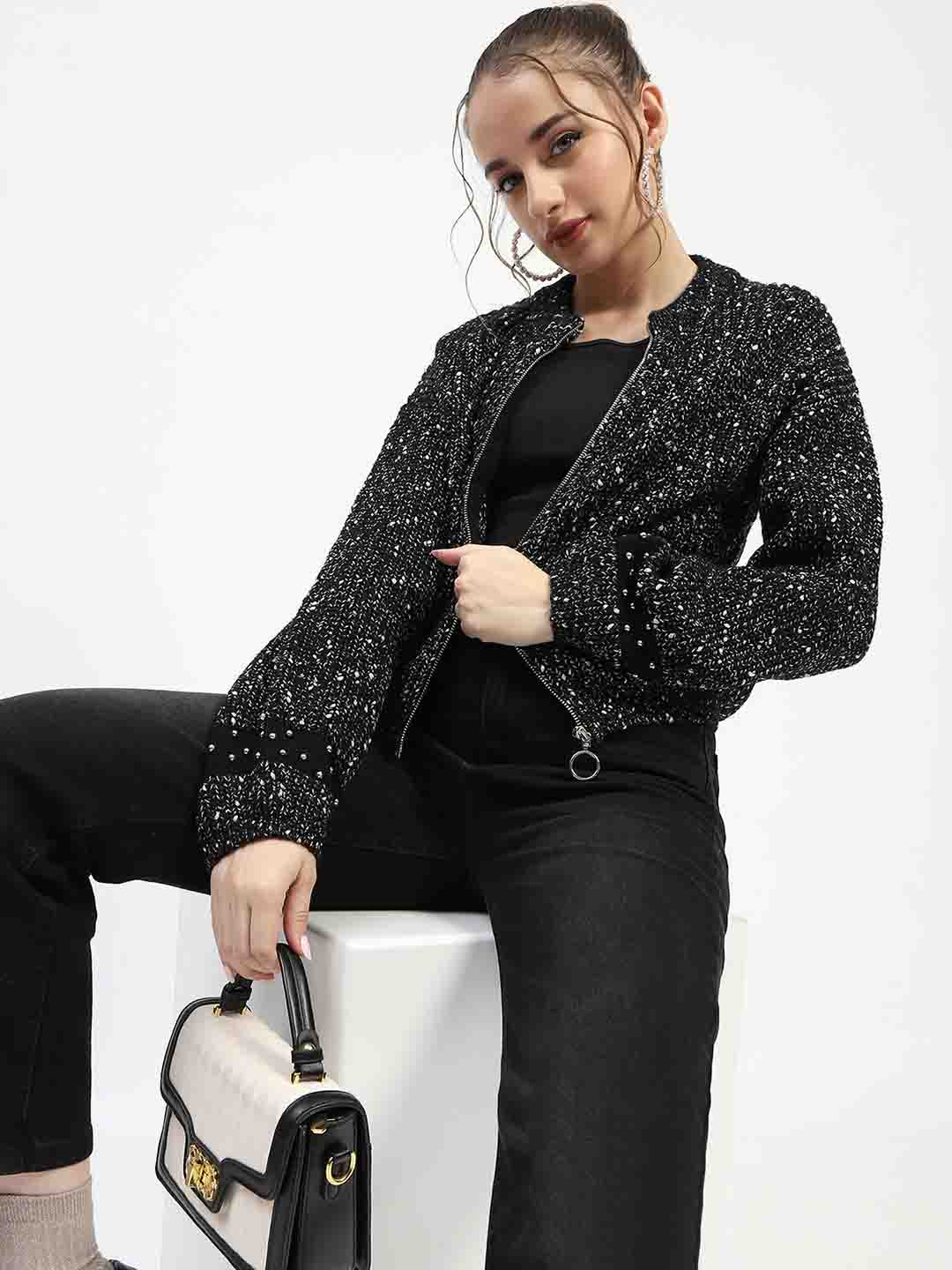 Madame Black Speckled Pullover Sweater with Half-Zip - Image 2