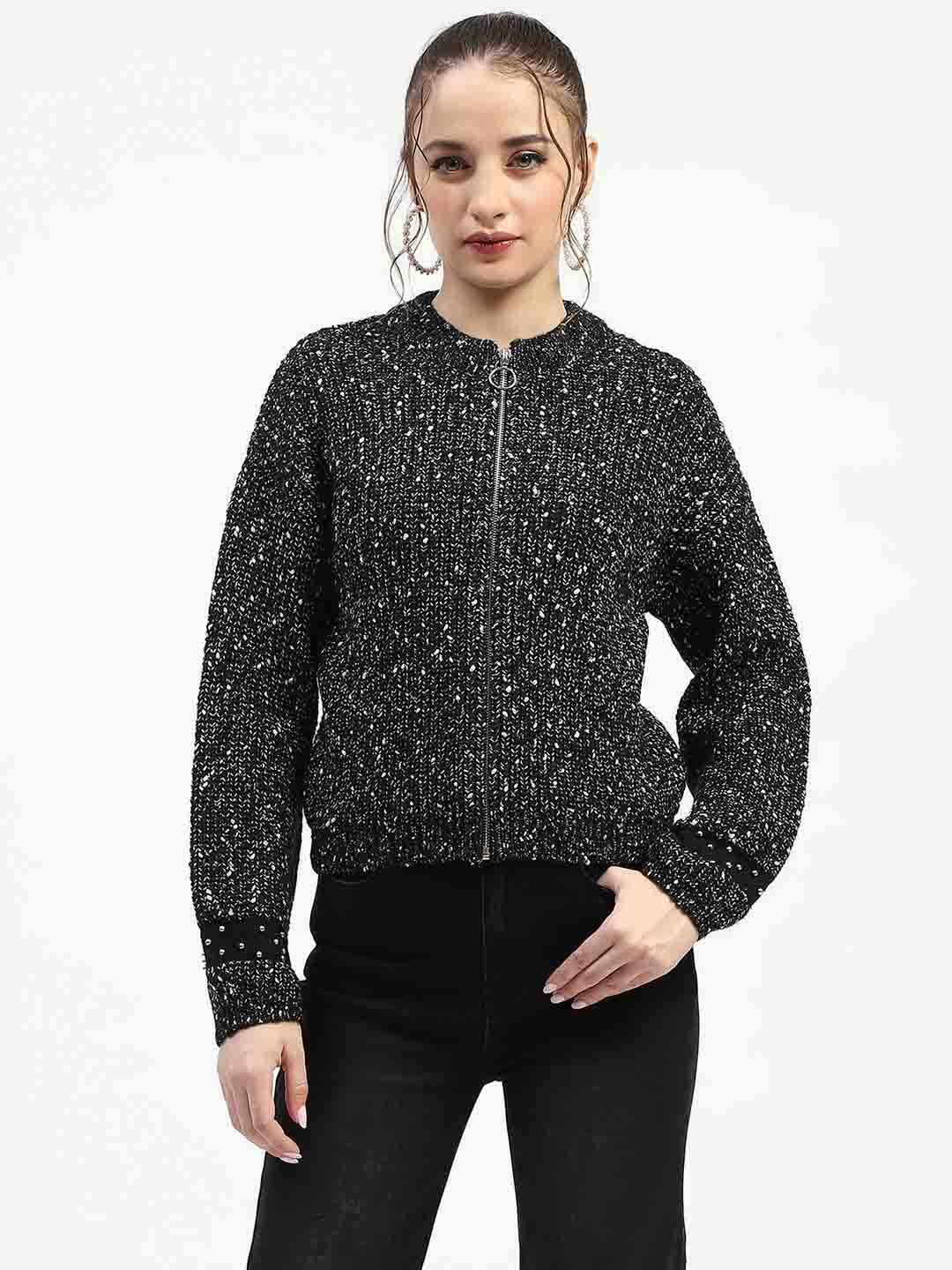 Madame Black Speckled Pullover Sweater with Half-Zip - Image 3