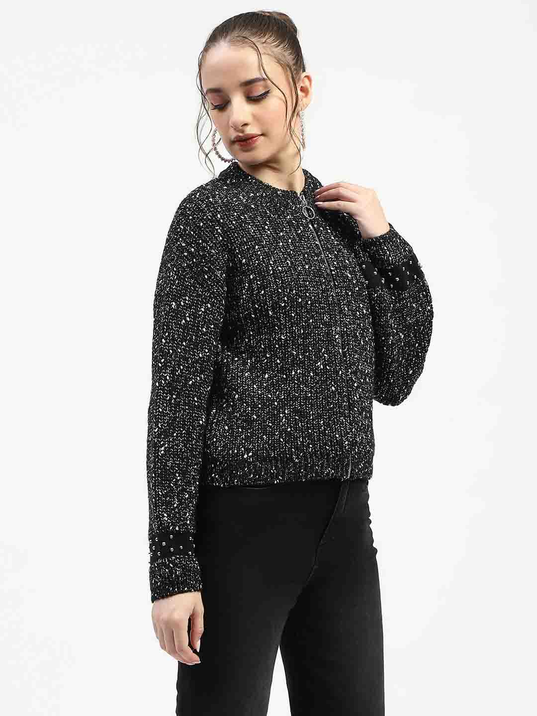 Madame Black Speckled Pullover Sweater with Half-Zip - Image 4