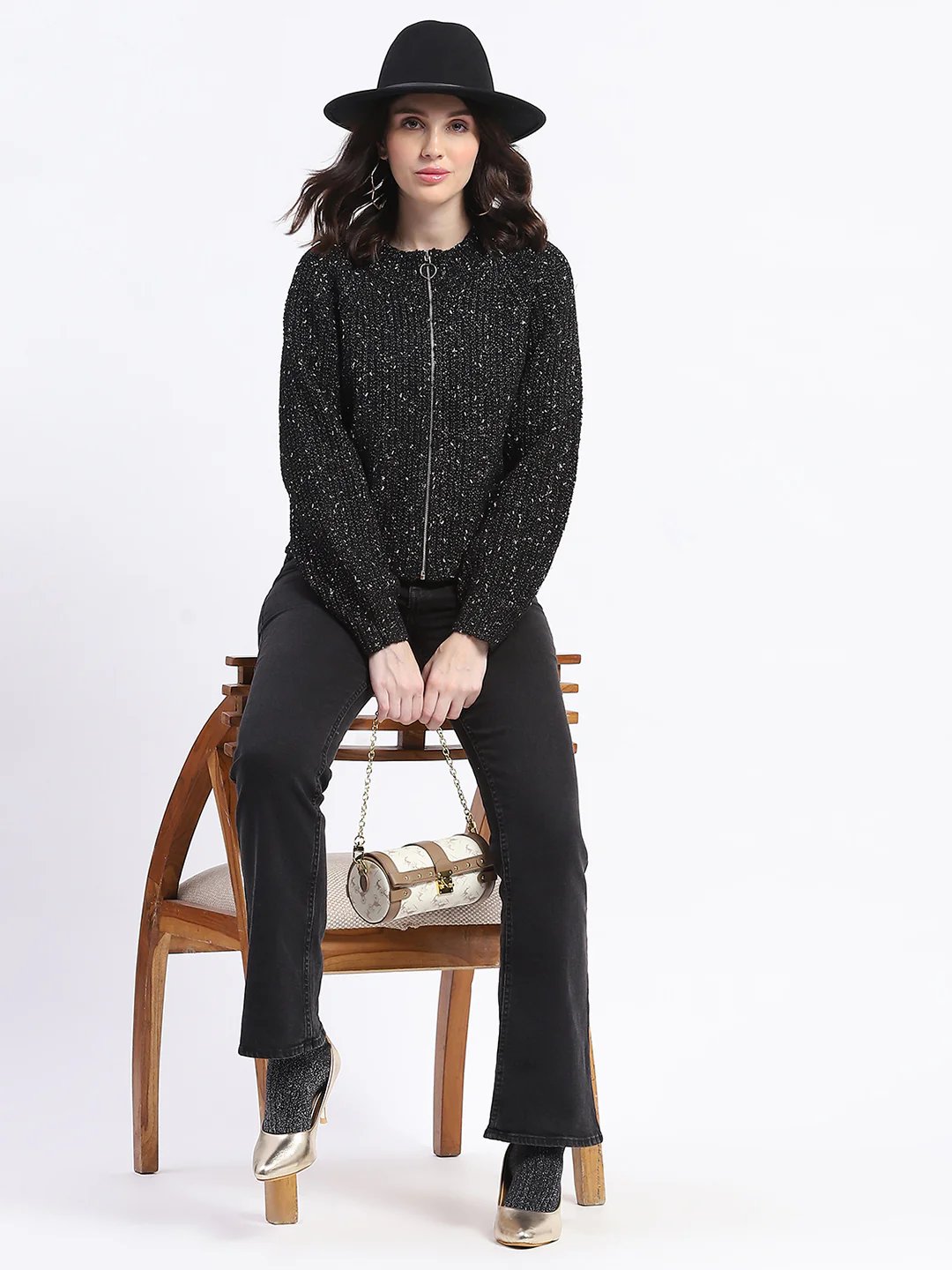 Madame Speckled Zip Up Black Acrylic Sweater - Image 2