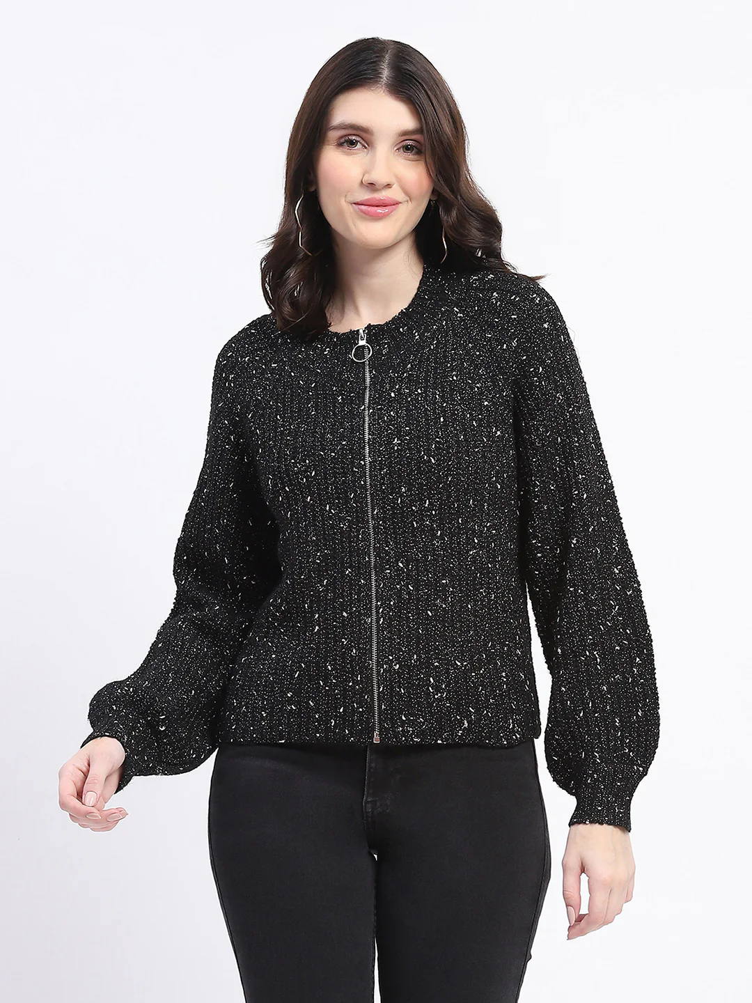 Madame Speckled Zip Up Black Acrylic Sweater - Image 3