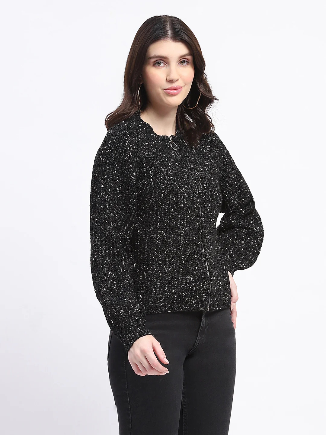 Madame Speckled Zip Up Black Acrylic Sweater - Image 4