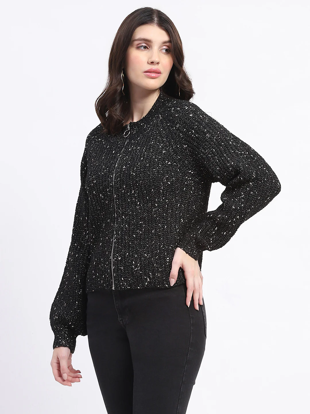 Madame Speckled Zip Up Black Acrylic Sweater - Image 5
