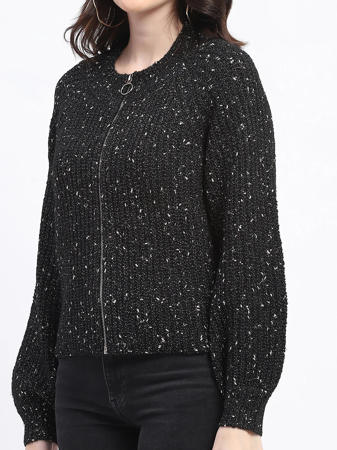 Madame Speckled Zip Up Black Acrylic Sweater - Image 7