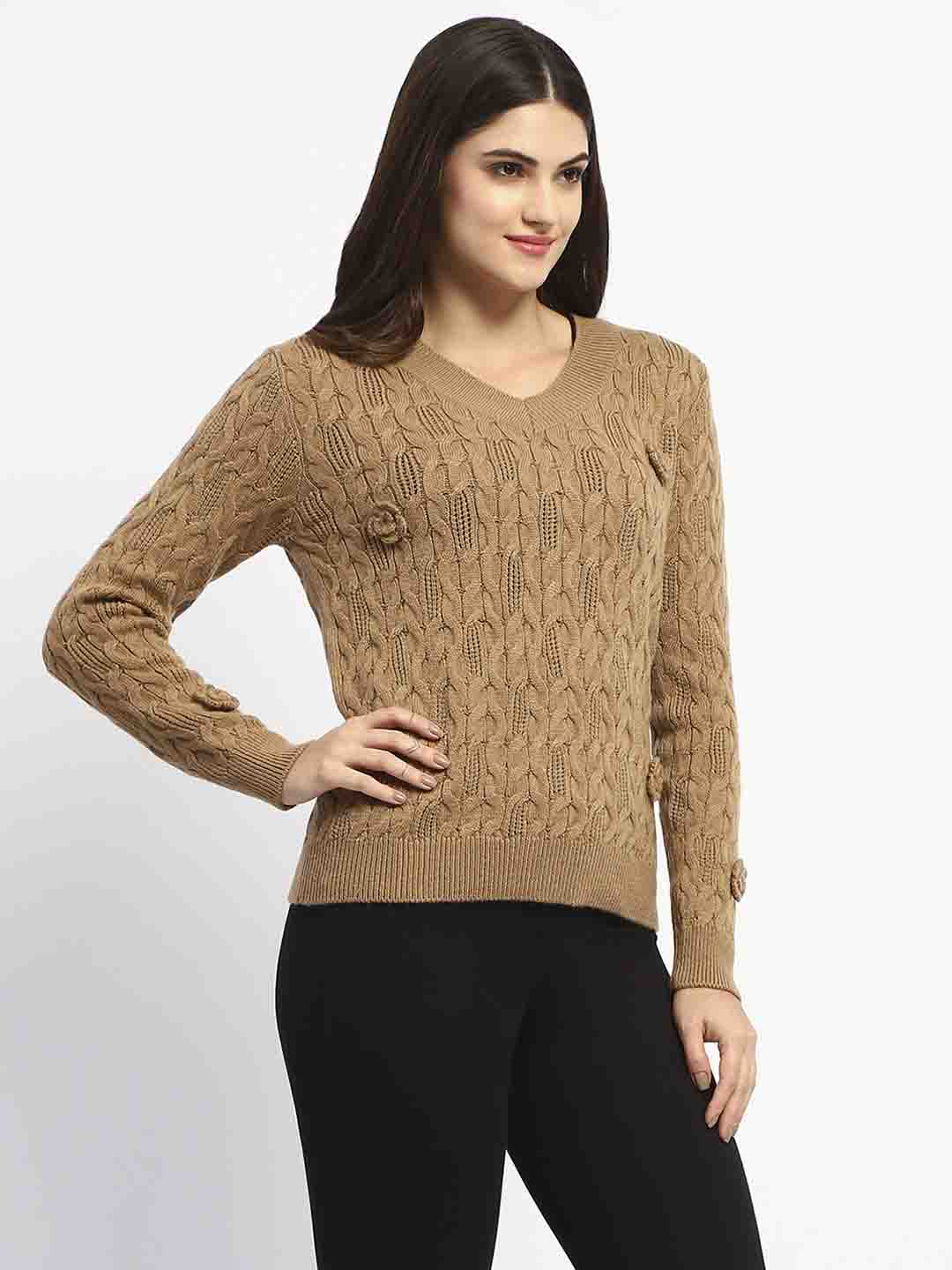 Madame Cable Knit Applique Flower Khaki Sweater - Image 3