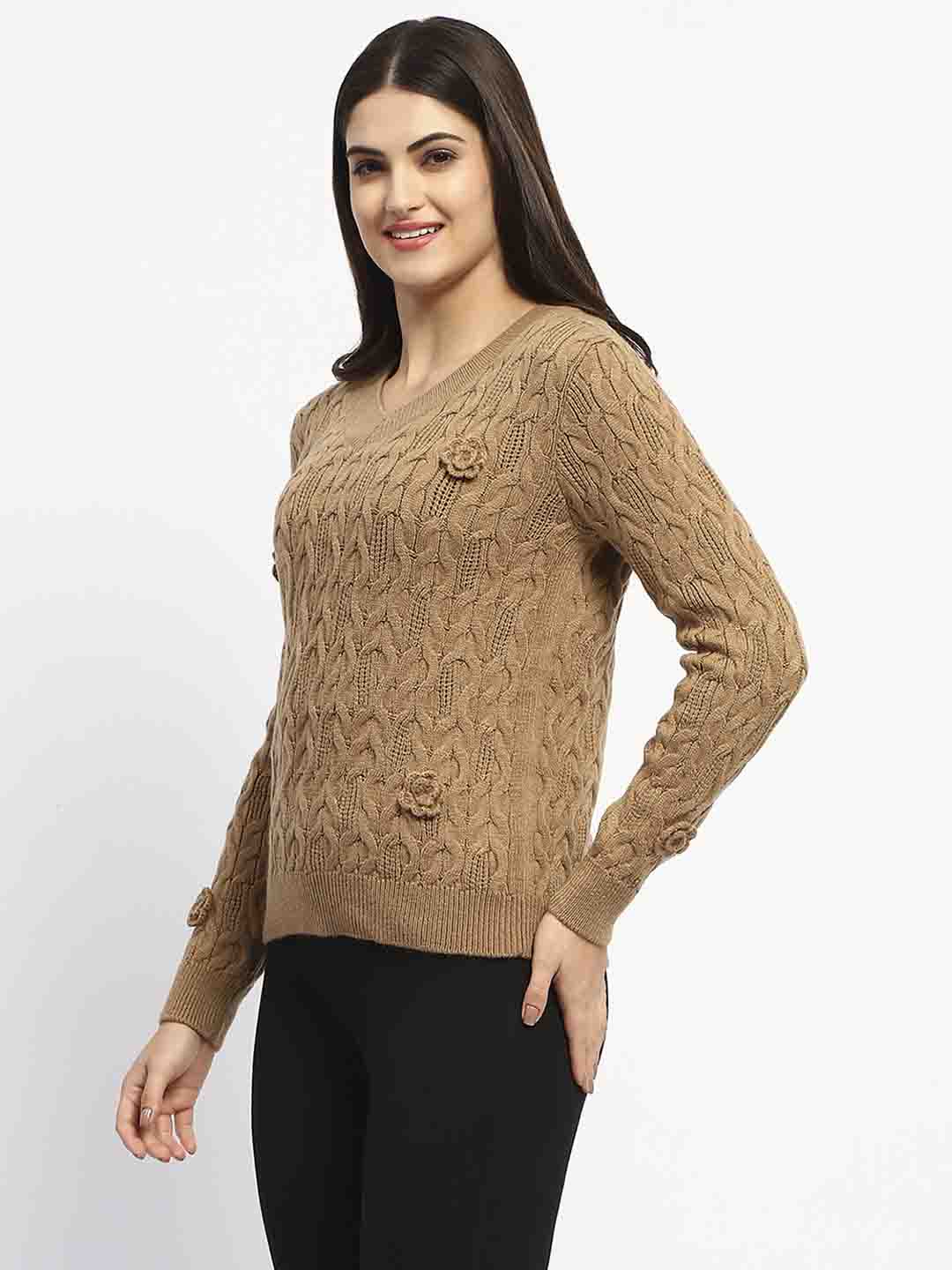 Madame Cable Knit Applique Flower Khaki Sweater - Image 4