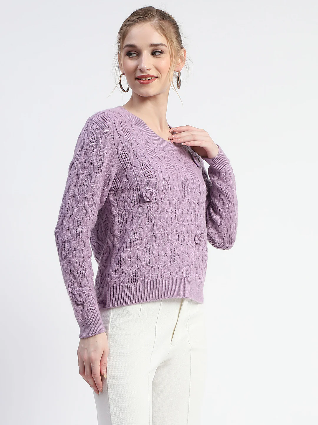 Madame Cable Knit Applique Flower Mauve Sweater - Image 3