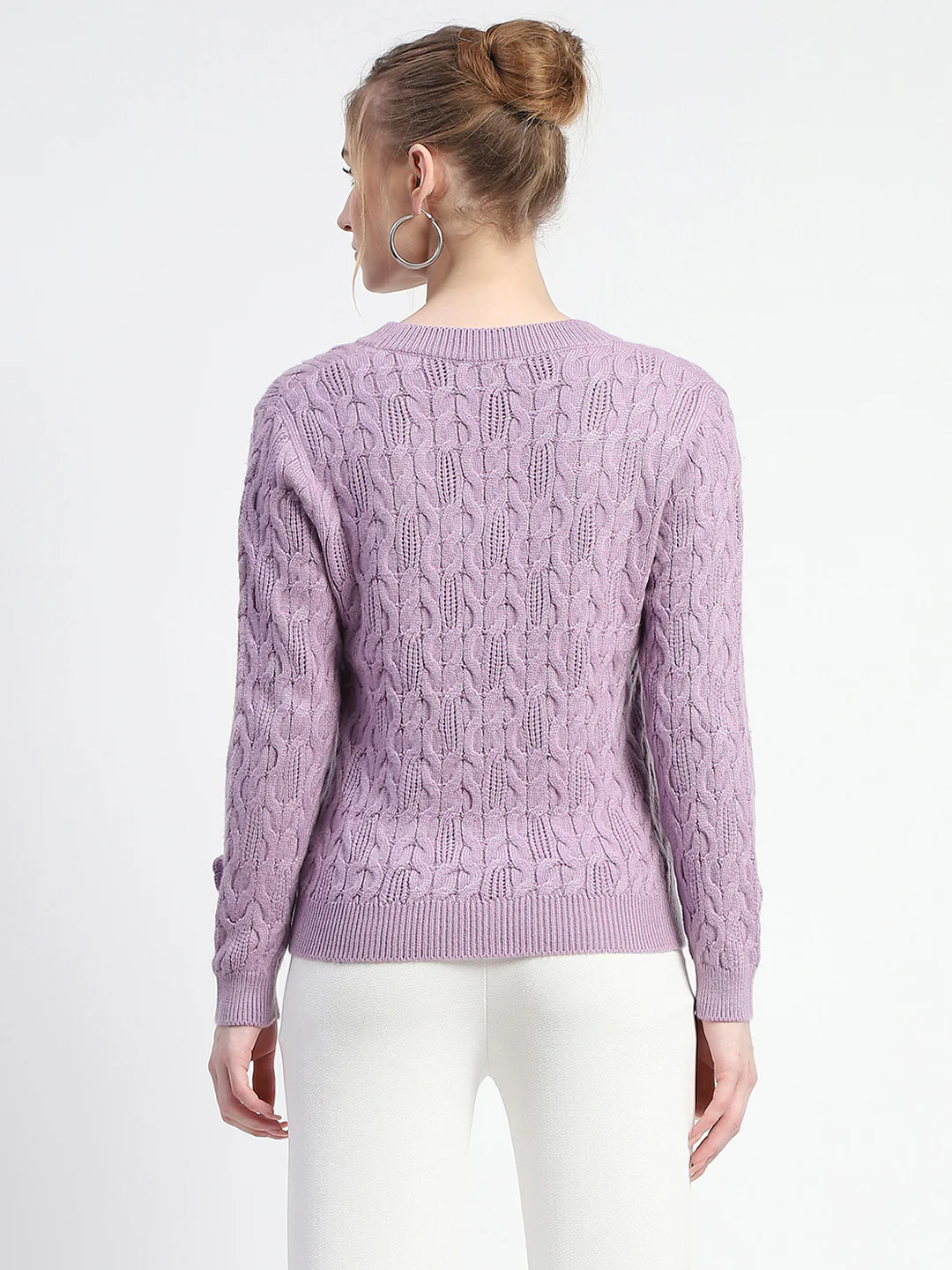 Madame Cable Knit Applique Flower Mauve Sweater - Image 5