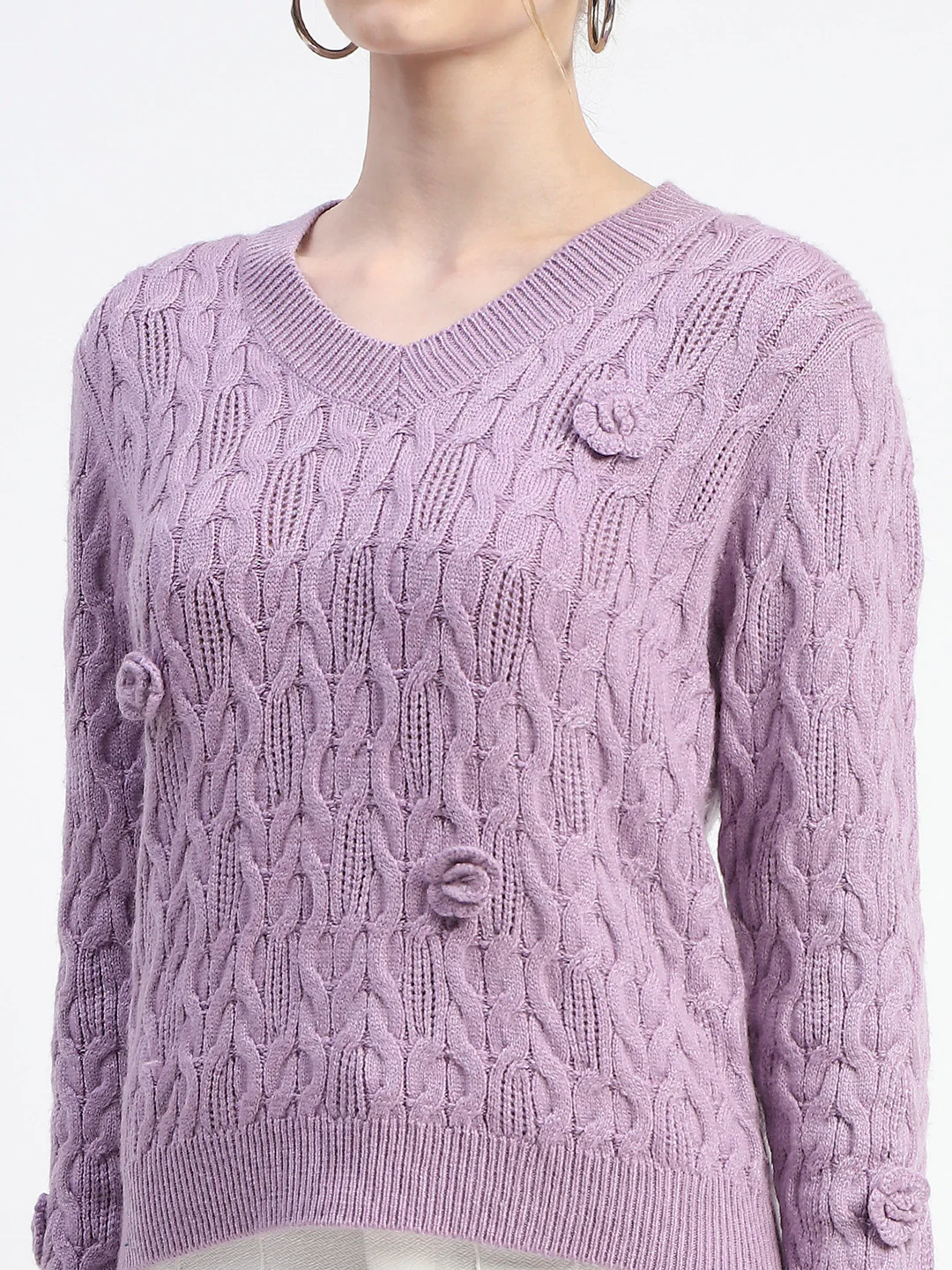 Madame Cable Knit Applique Flower Mauve Sweater - Image 6
