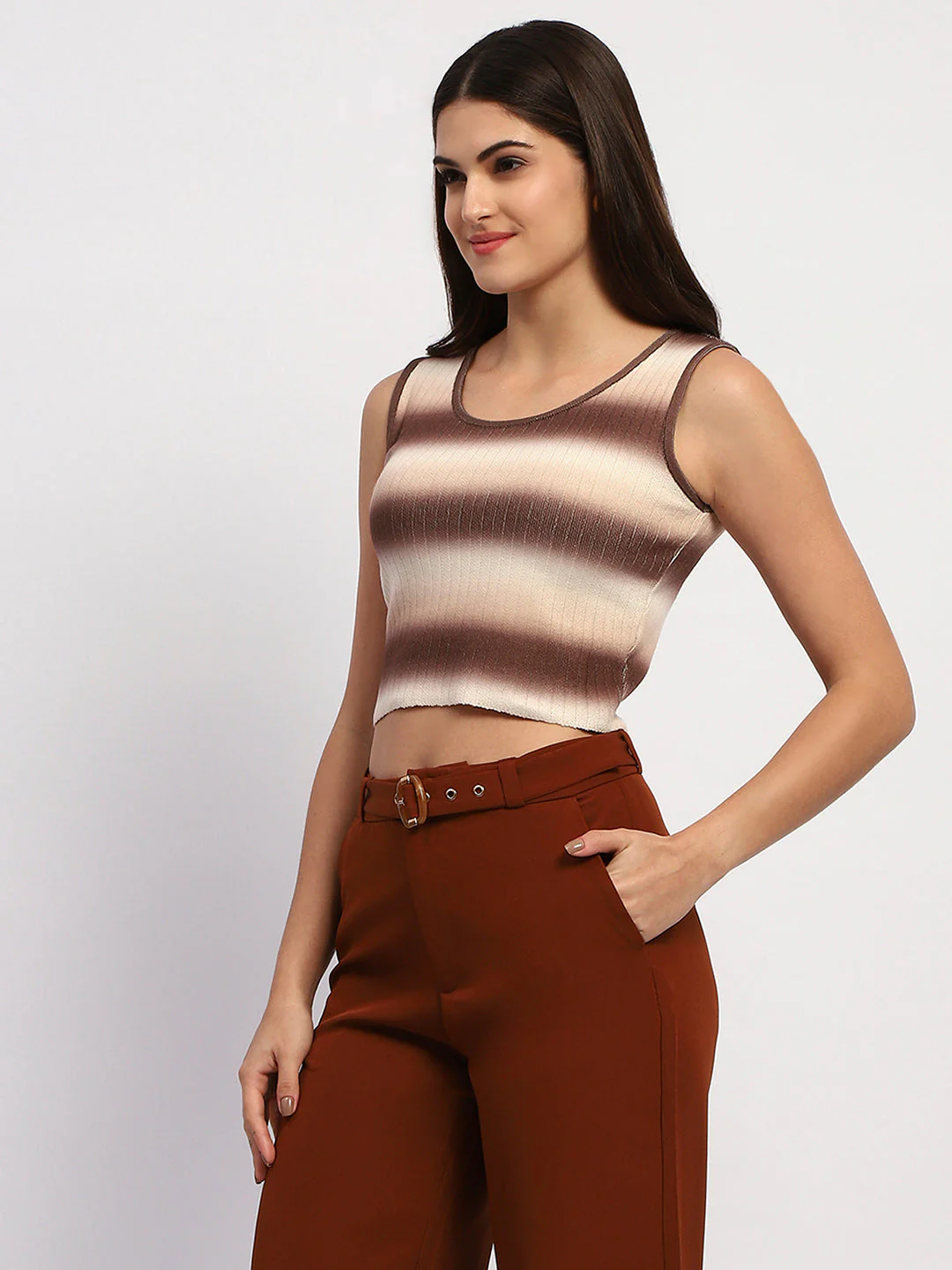Madame Striped Sleeveless Cotton Brown Crop Sweater - Image 4