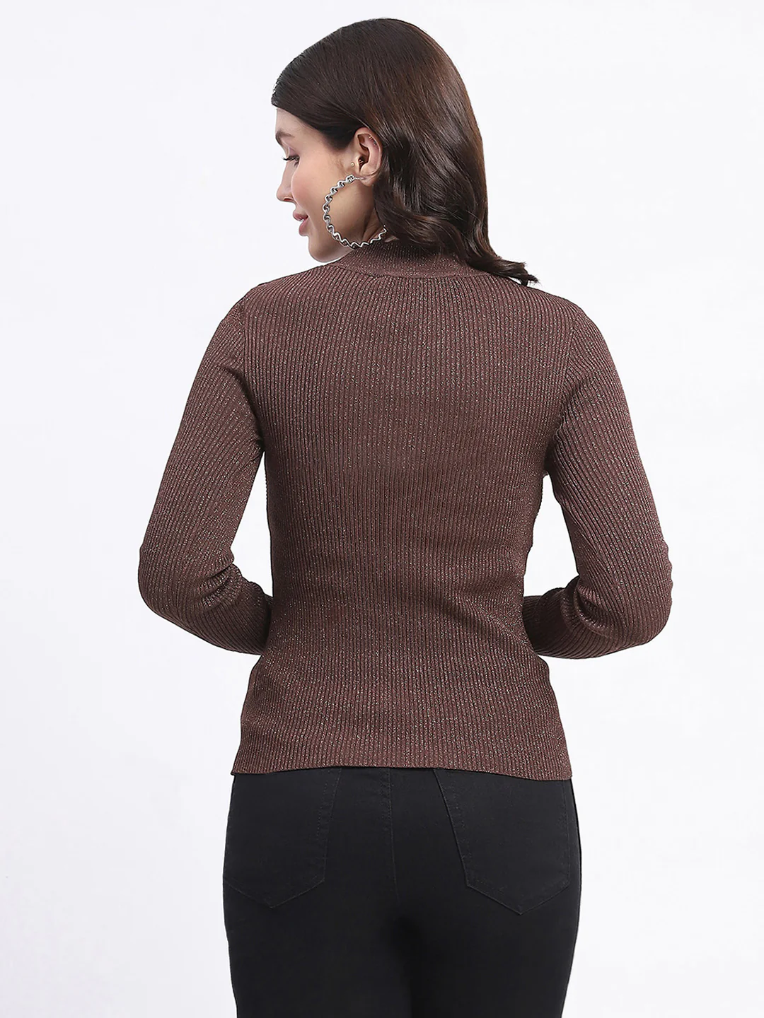 Madame Shimmery Mock Neck Wrap Brown Sweater - Image 6
