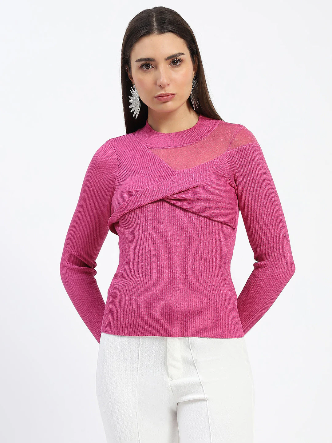 Madame Shimmery Mock Neck Wrap Hot Pink Sweater - Image 2