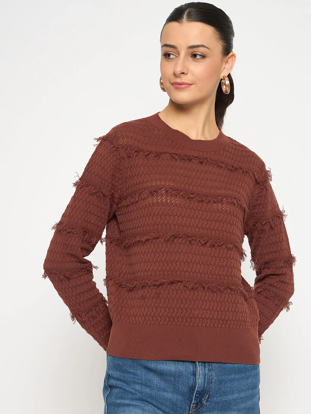Madame Fringe Textured Chocolate Brown Cotton Sweater - Image 3