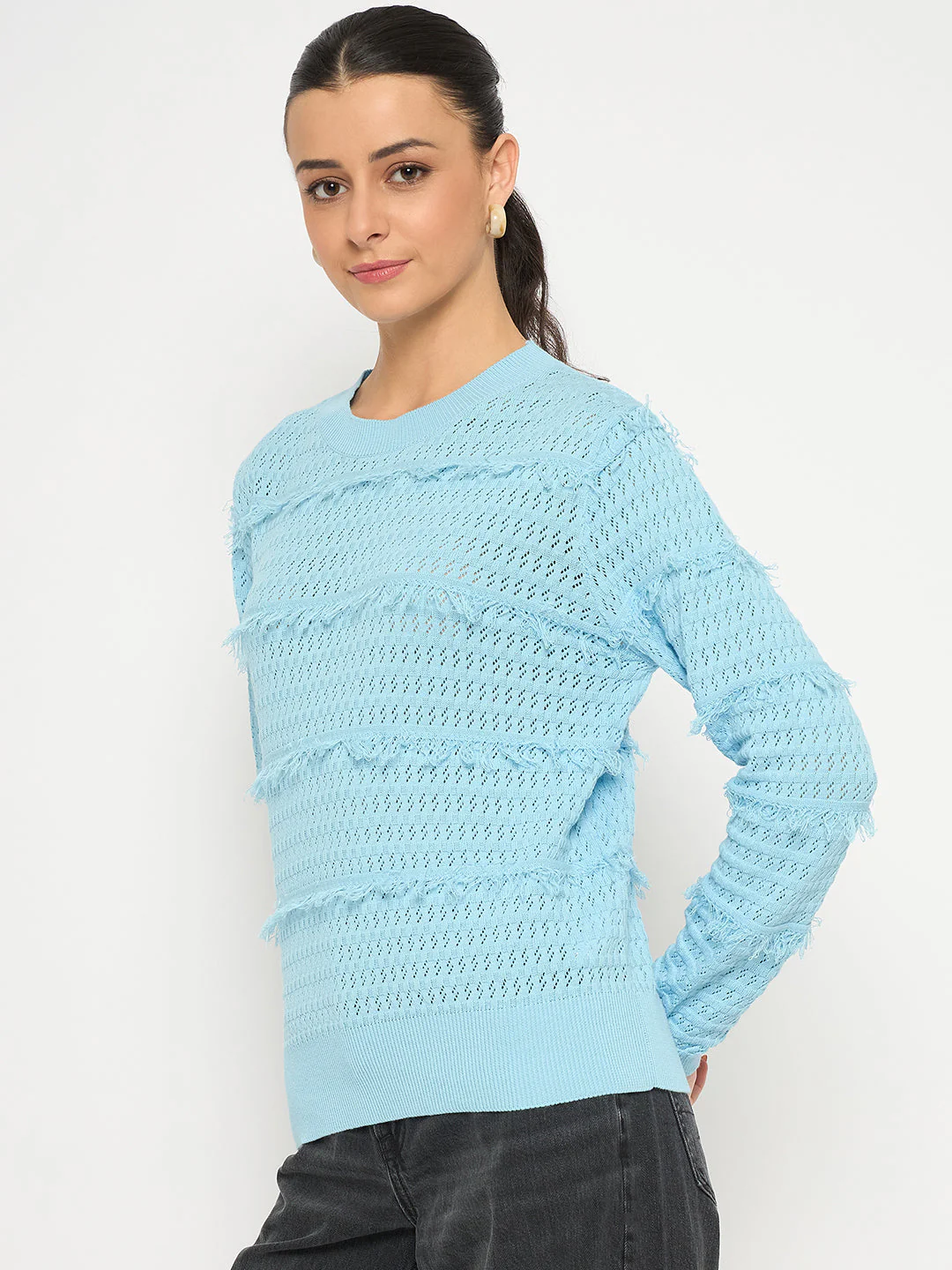 Madame Fringe Textured Brown Cotton Sweater - Image 4