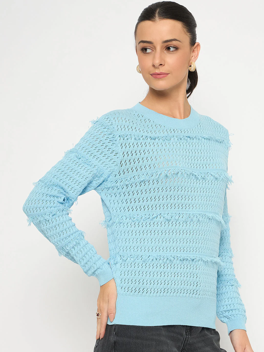 Madame Fringe Textured Brown Cotton Sweater - Image 5