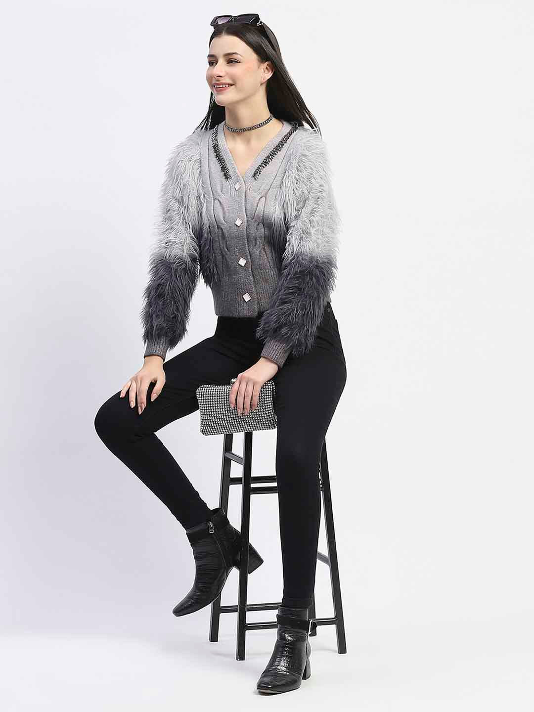 Madame Embellished Ombre V Neck Grey Sweater - Image 2