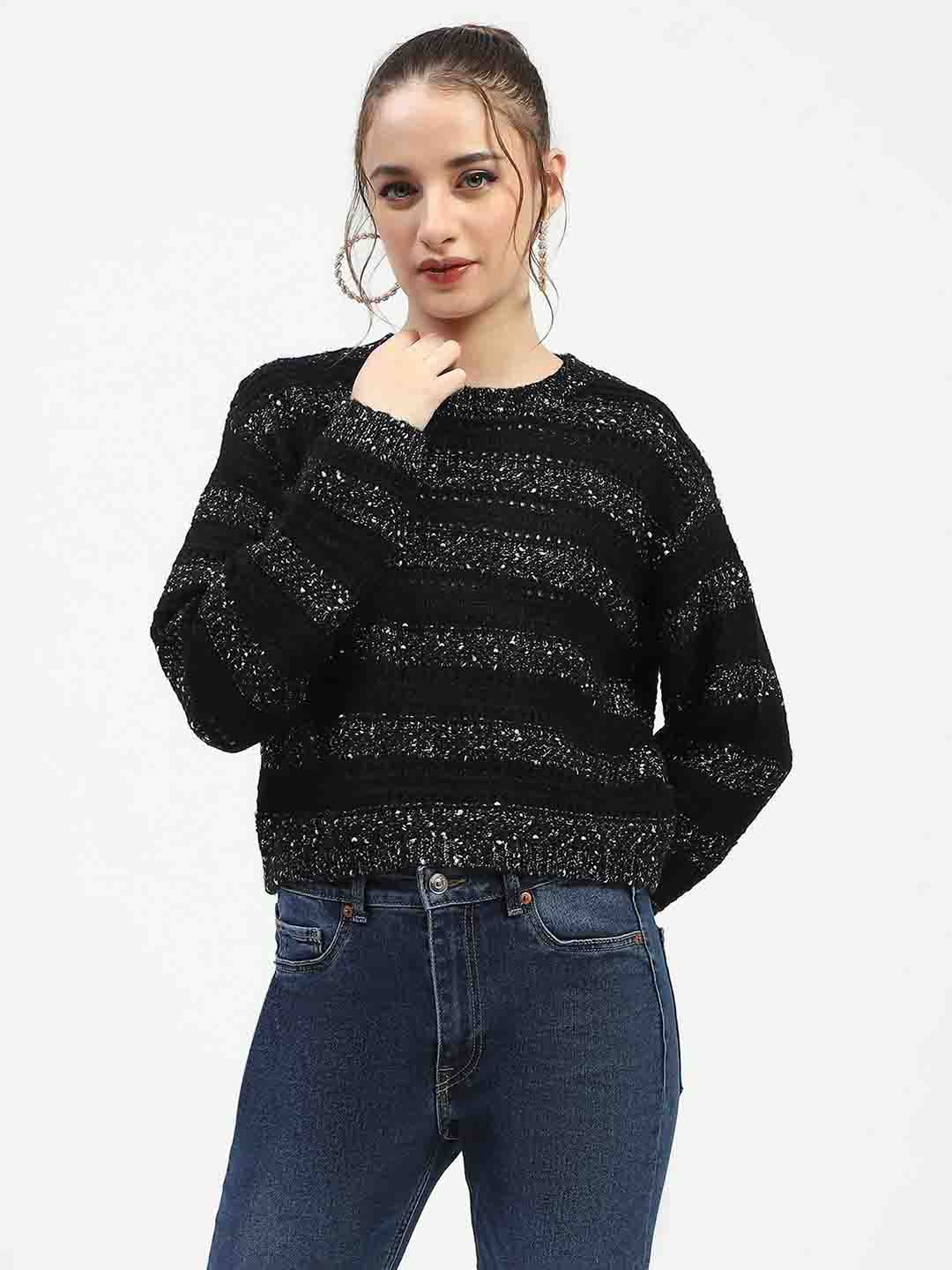 Madame Black Striped Cropped Sweater with Sparkle Detailing