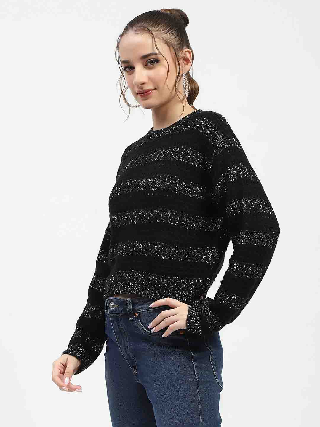 Madame Black Striped Cropped Sweater with Sparkle Detailing - Image 4