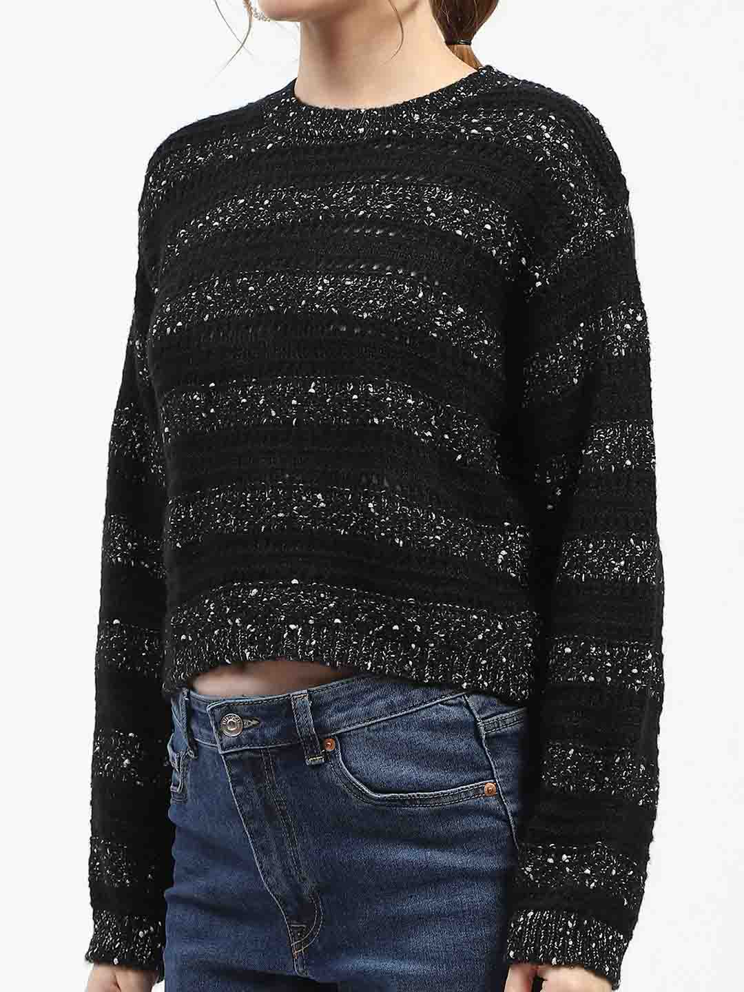 Madame Black Striped Cropped Sweater with Sparkle Detailing - Image 6