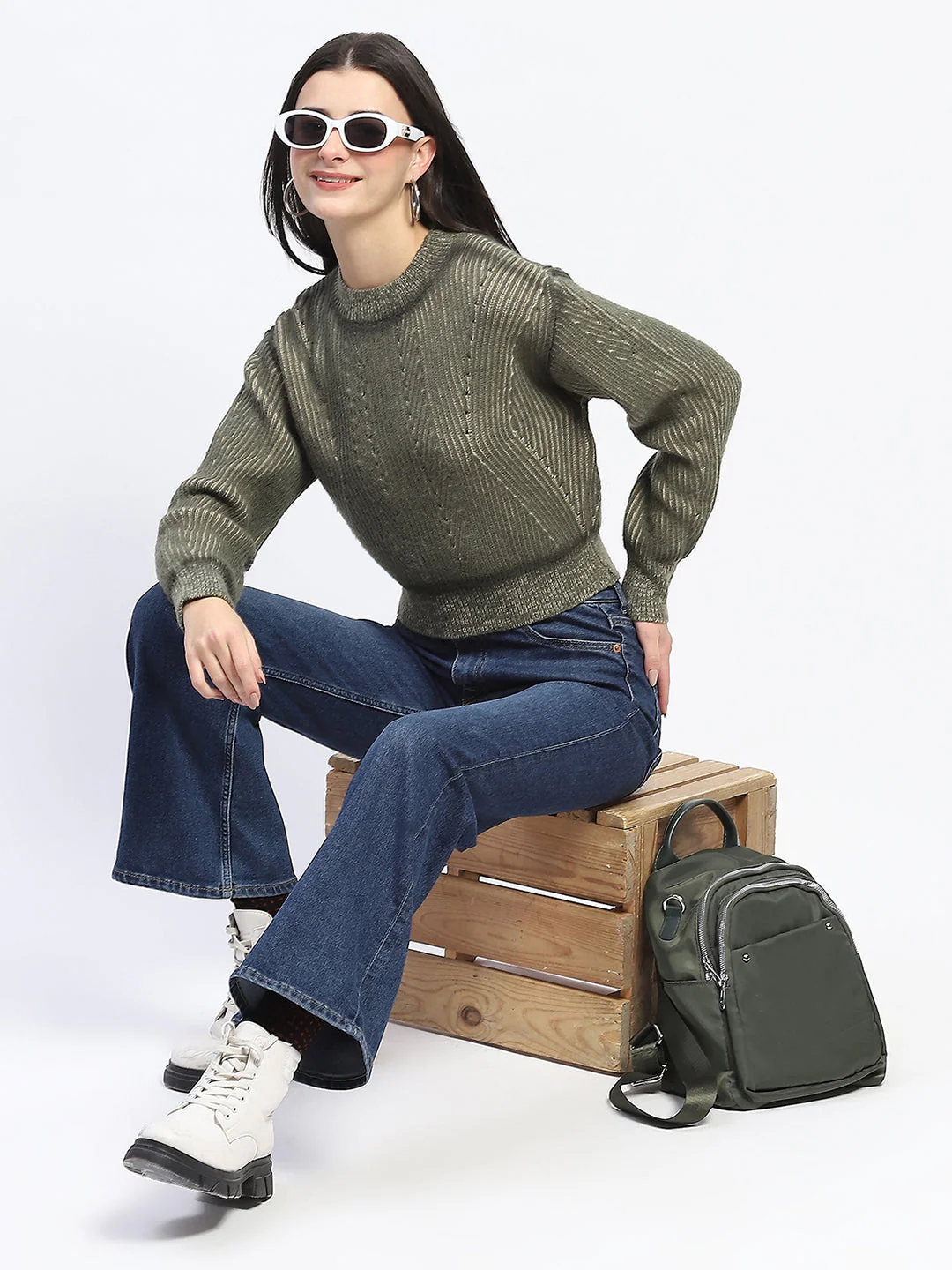 Madame Geometric Print Ribbed Cuffs Green Sweater - Image 2