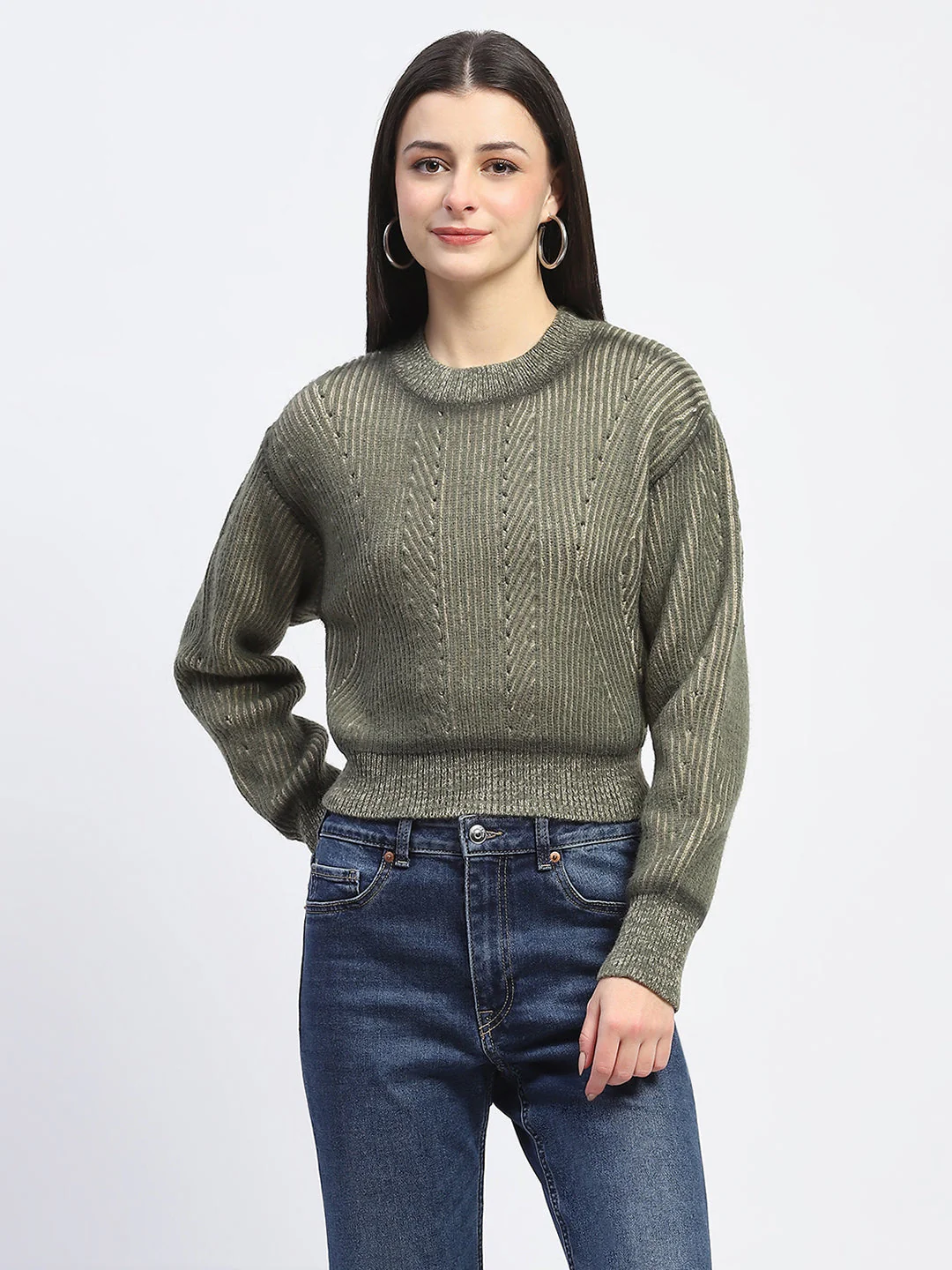 Madame Geometric Print Ribbed Cuffs Green Sweater - Image 3