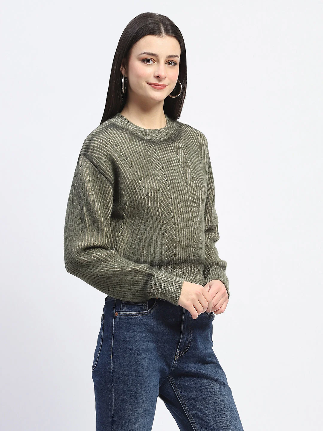 Madame Geometric Print Ribbed Cuffs Green Sweater - Image 4
