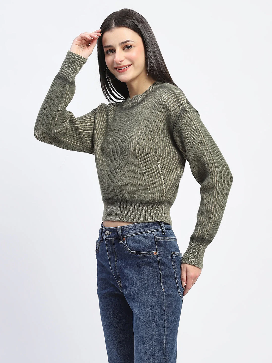 Madame Geometric Print Ribbed Cuffs Green Sweater - Image 5