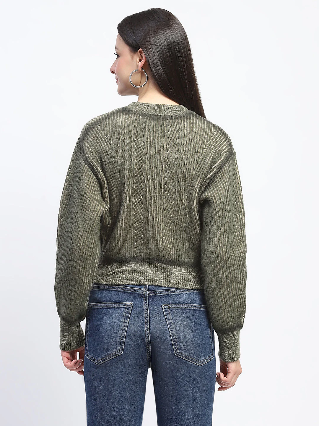 Madame Geometric Print Ribbed Cuffs Green Sweater - Image 6