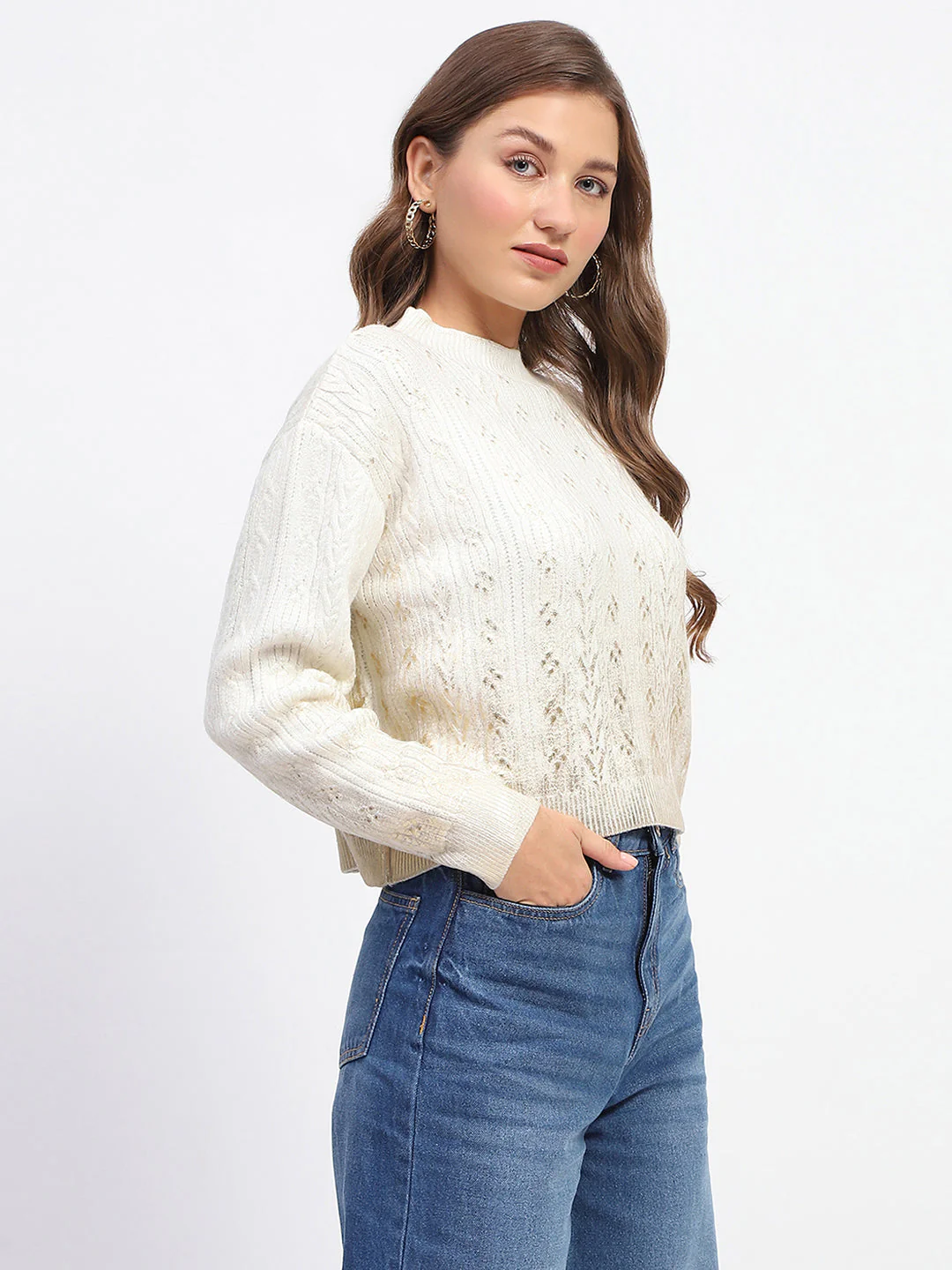 Madame Solid Off White Cable Knit Sweater - Image 3
