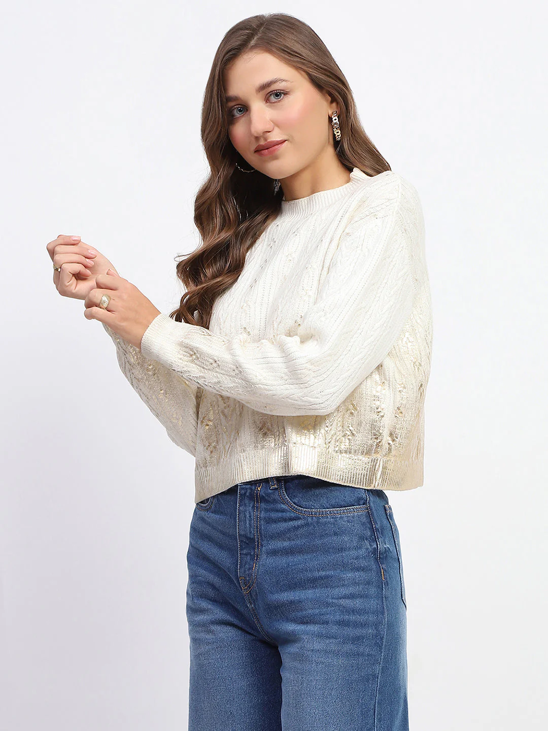 Madame Solid Off White Cable Knit Sweater - Image 4