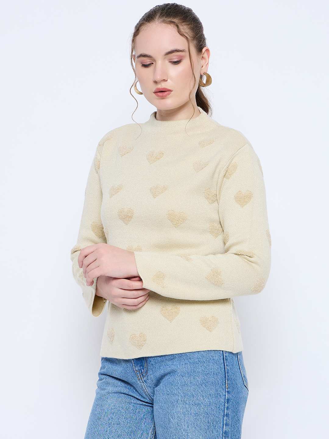 Madame Graphic Print Mock Neck Beige Sweater - Image 5