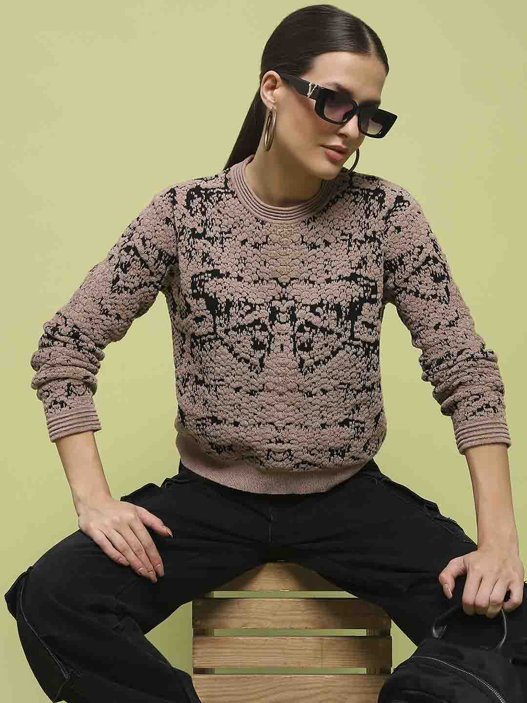 Madame Printed Crew Neck Full Sleeve Brown Sweater - Image 2