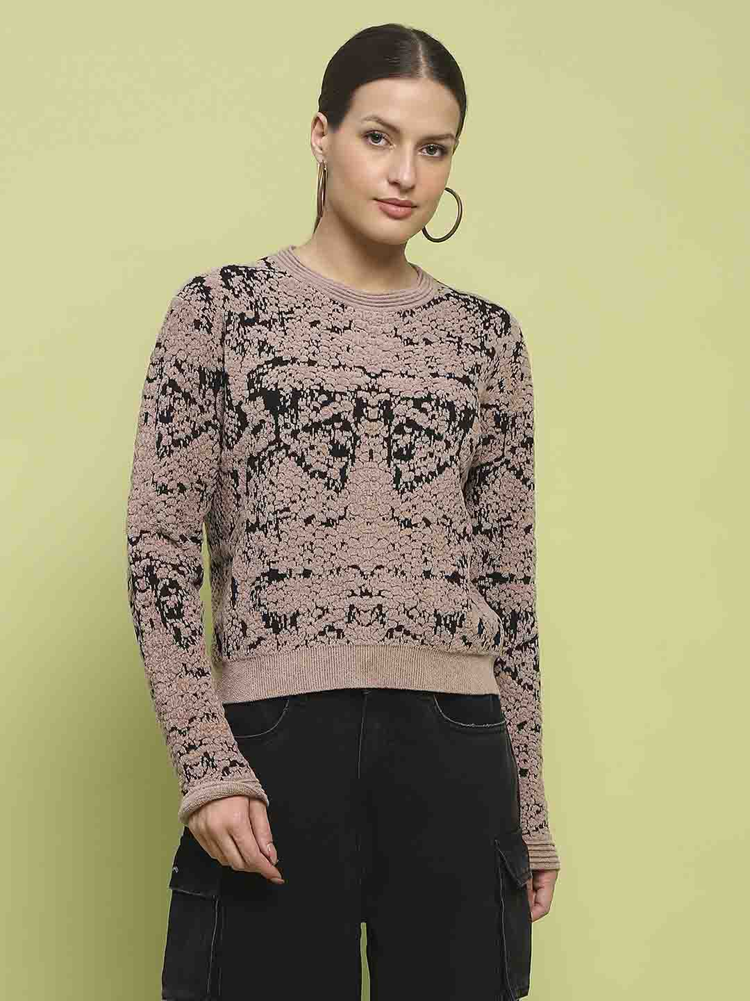 Madame Printed Crew Neck Full Sleeve Brown Sweater - Image 3