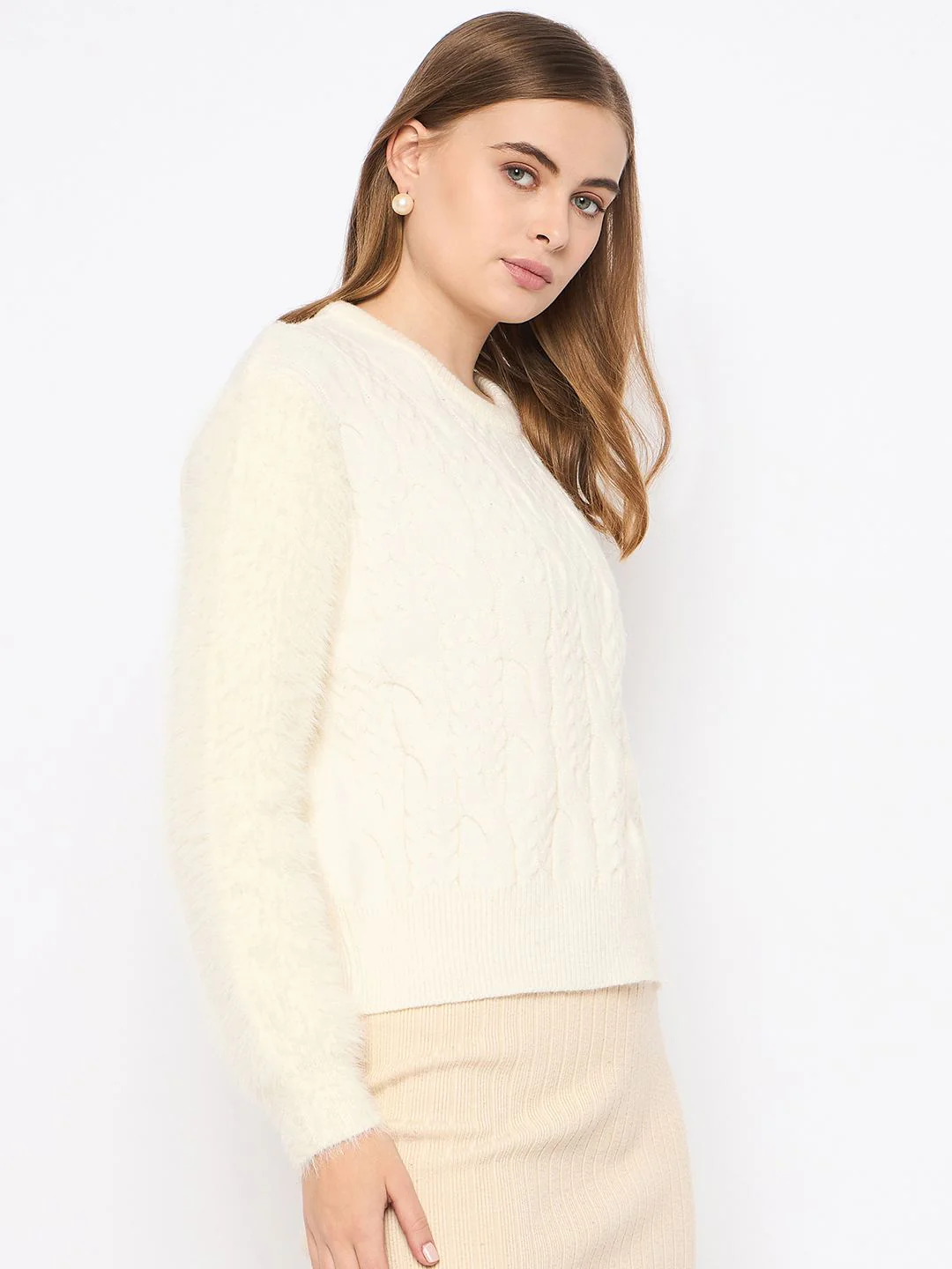 Madame Cable Knit Full Sleeve Off White Sweater - Image 4