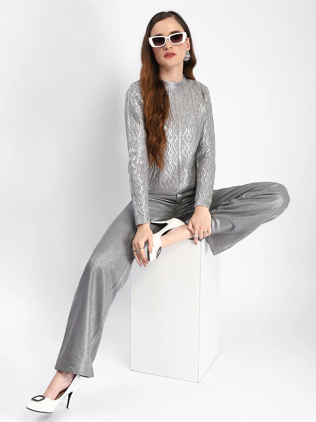 Madame Metallic Cable Knit Grey Sweater - Image 2